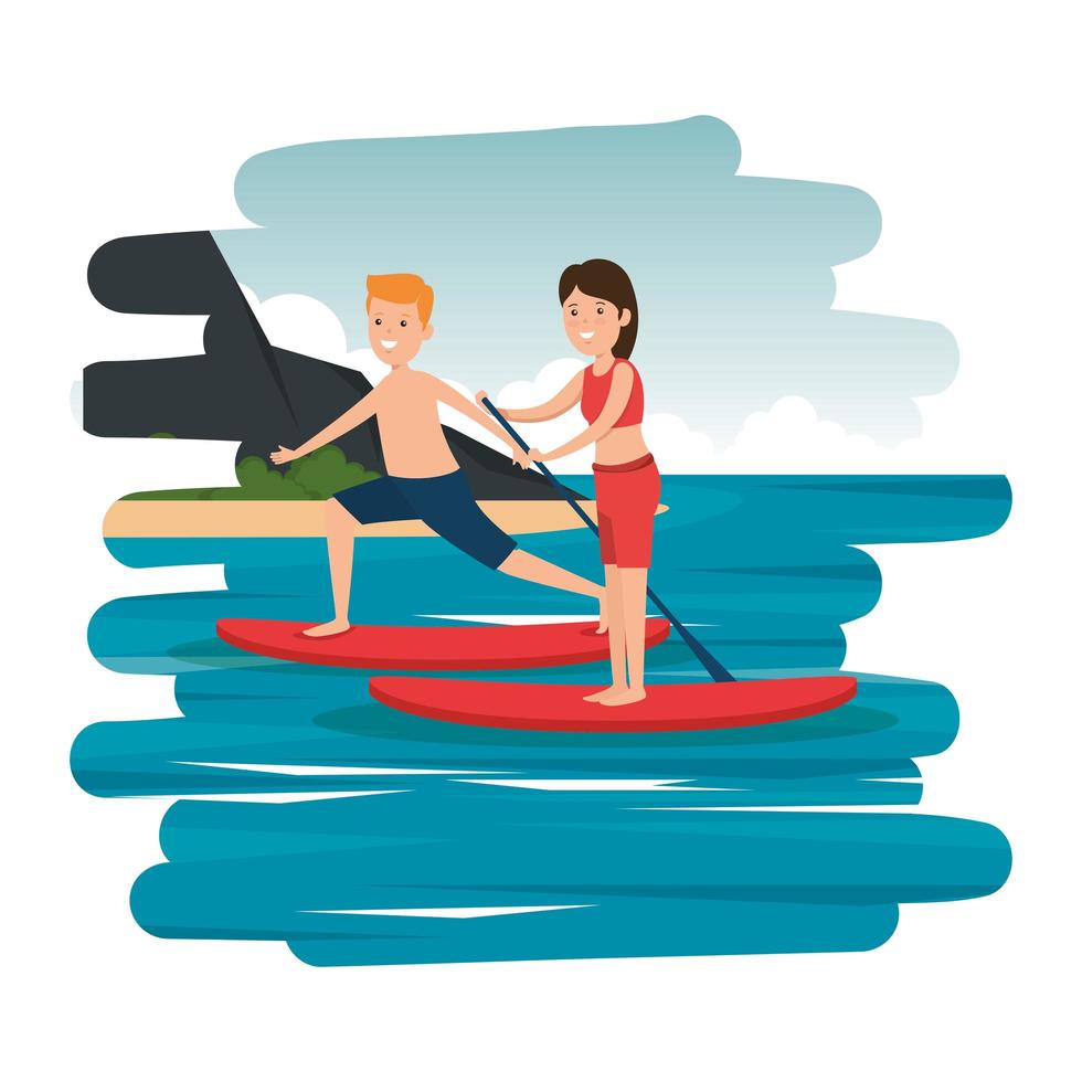 happy athletic couple practicing surf in the sea vector
