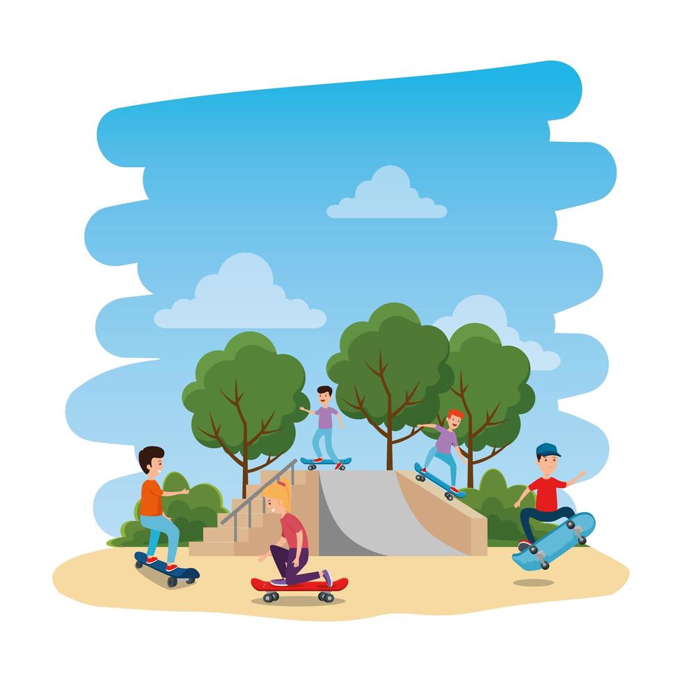 happy young kids in skateboard on the park with ramp vector