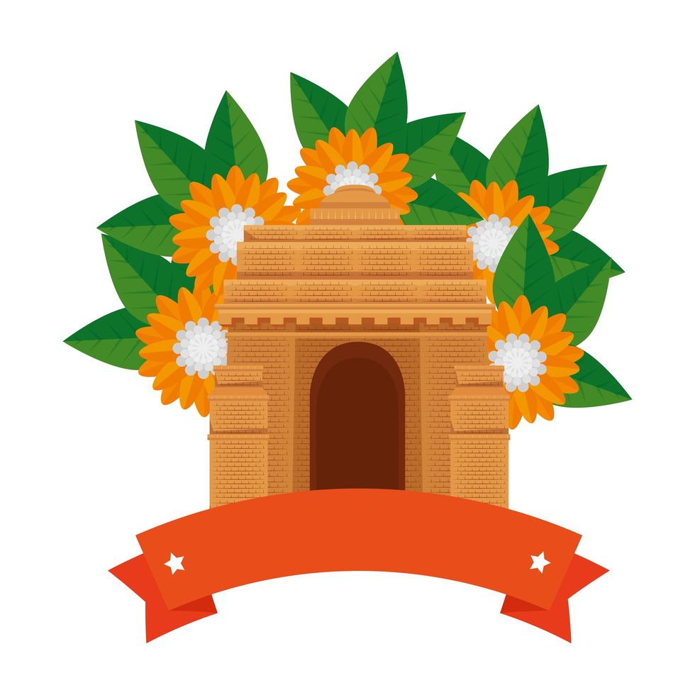 indian gate arch monument with carnations vector