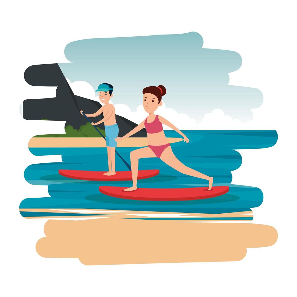 happy athletic couple practicing surf in the sea vector