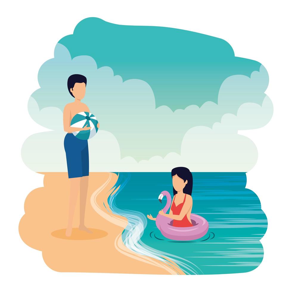 young couple with balloon and float on the beach vector
