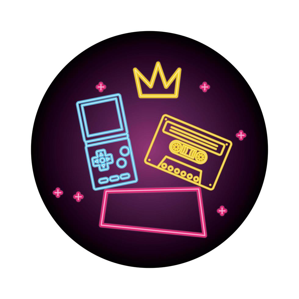 video game handle with cassette nineties style neon light vector