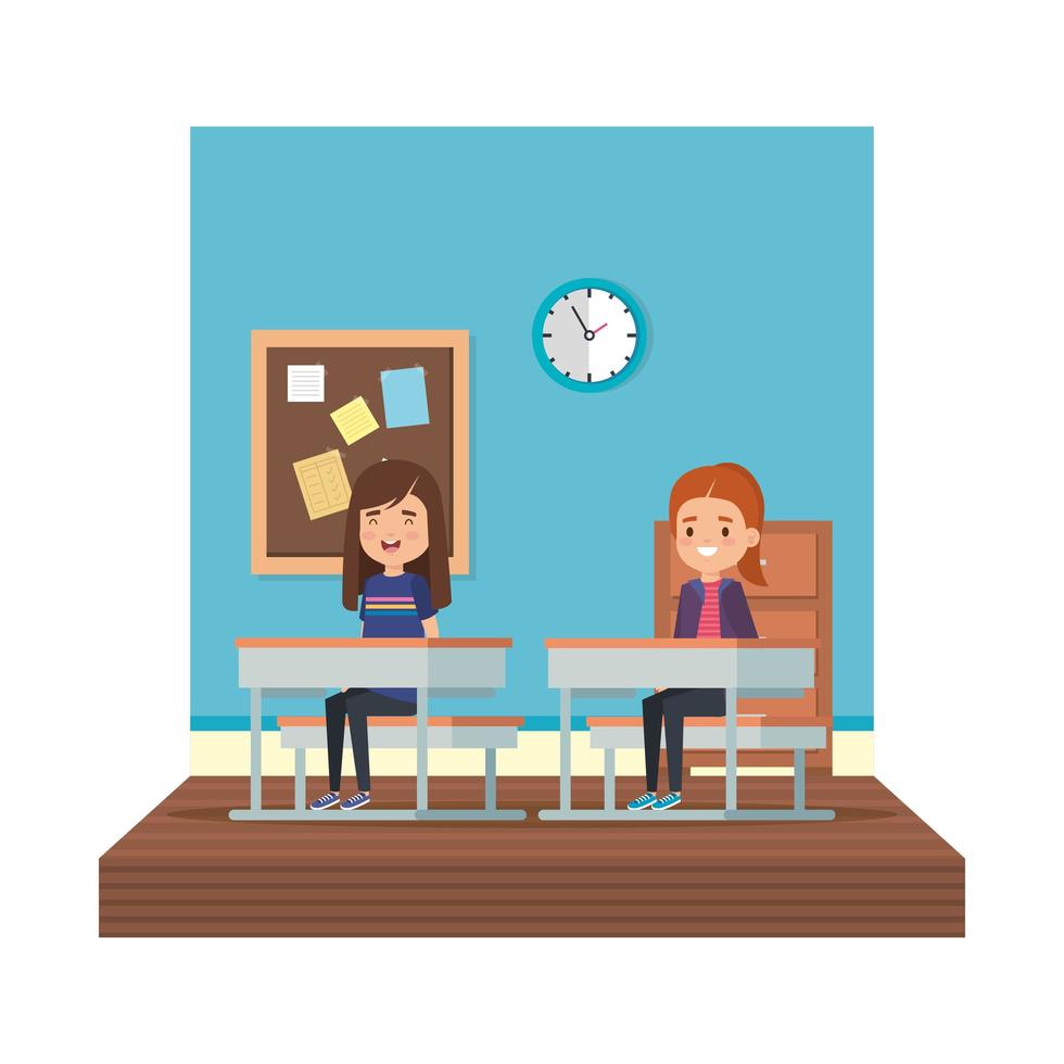 little students girls in school desk on the classroom vector