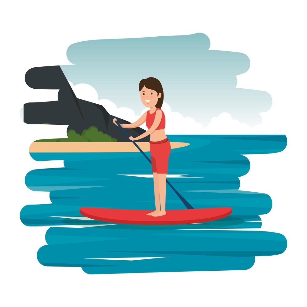 happy athletic girl practicing surf in the sea vector