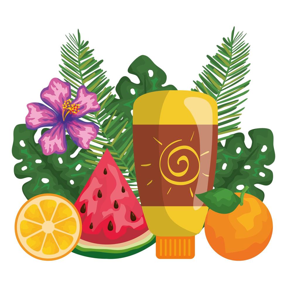 solar blocker bottle product with leafs and fruits vector