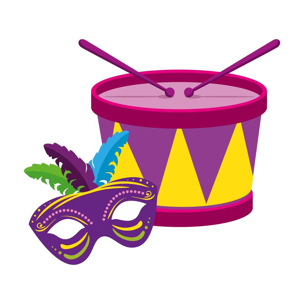 Diseño de vector de máscara y tambor de mardi gras aislado