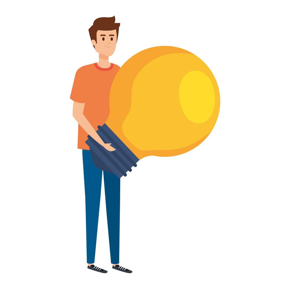 young man lifting bulb light vector