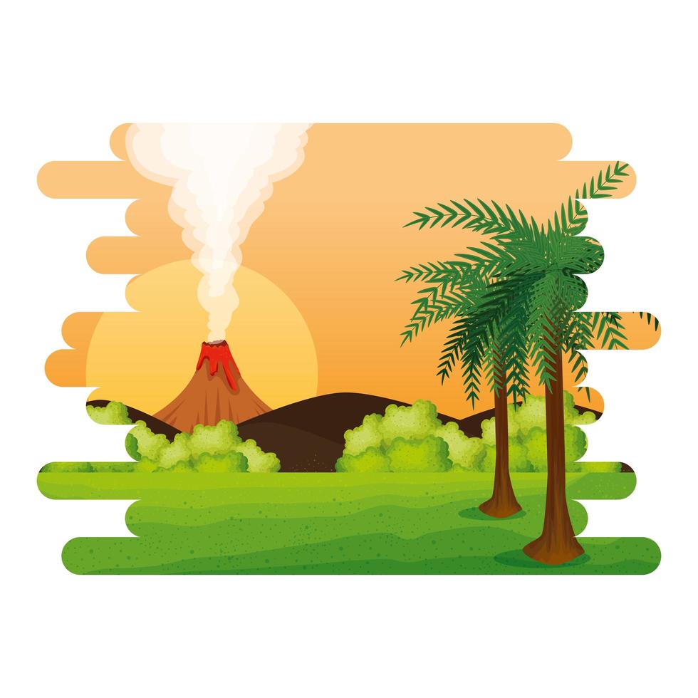 jurassic landscape with smoking volcano scene vector