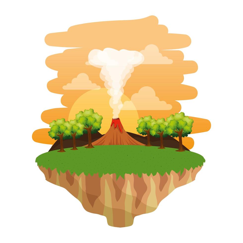 jurassic landscape with smoking volcano scene vector