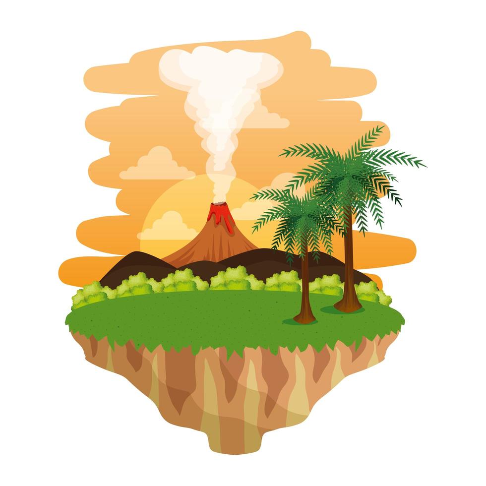 jurassic landscape with smoking volcano scene vector