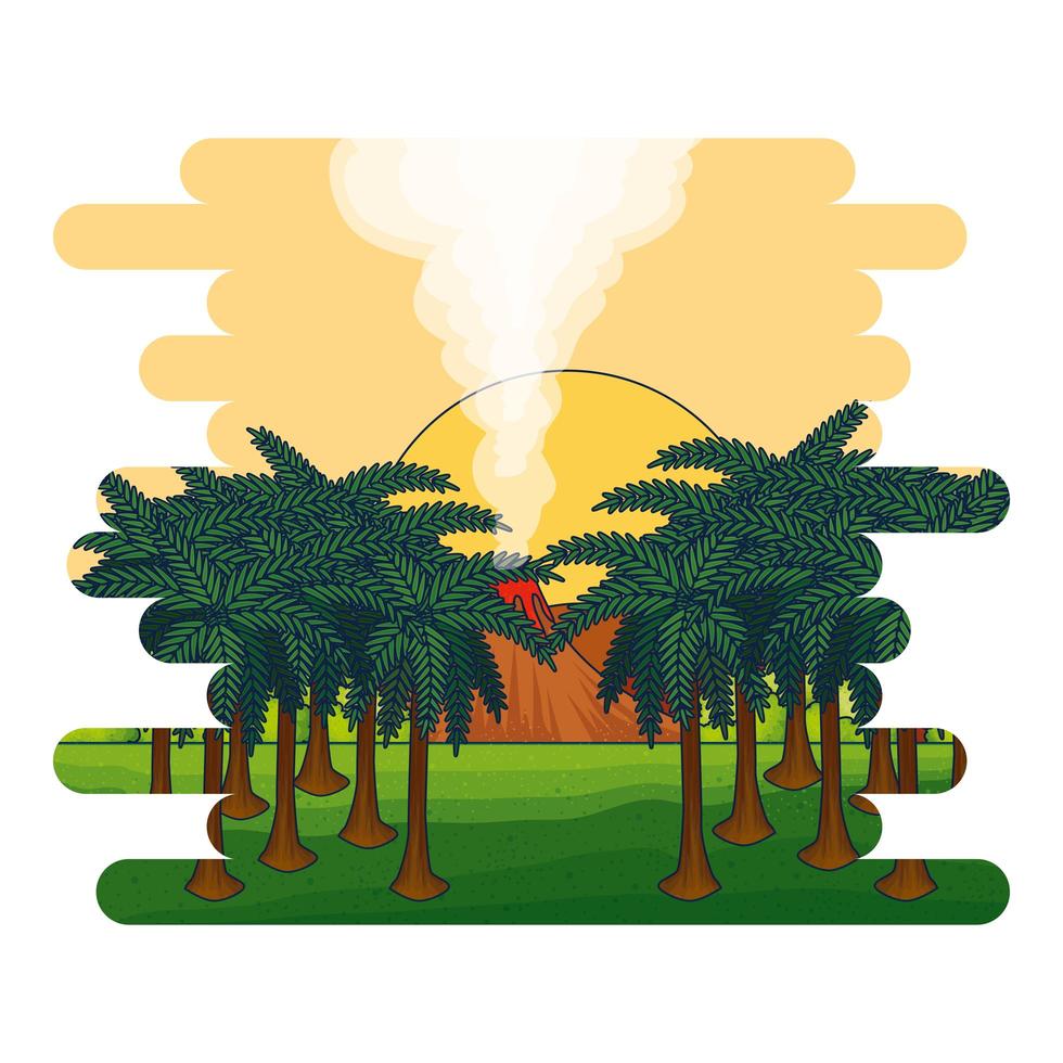 jurassic landscape with smoking volcano scene vector