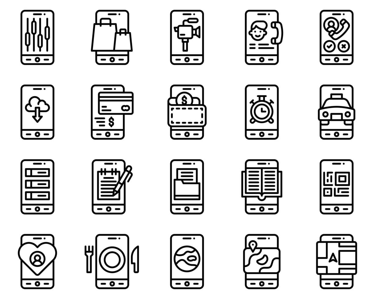 Mobile application vector icon set, line stye