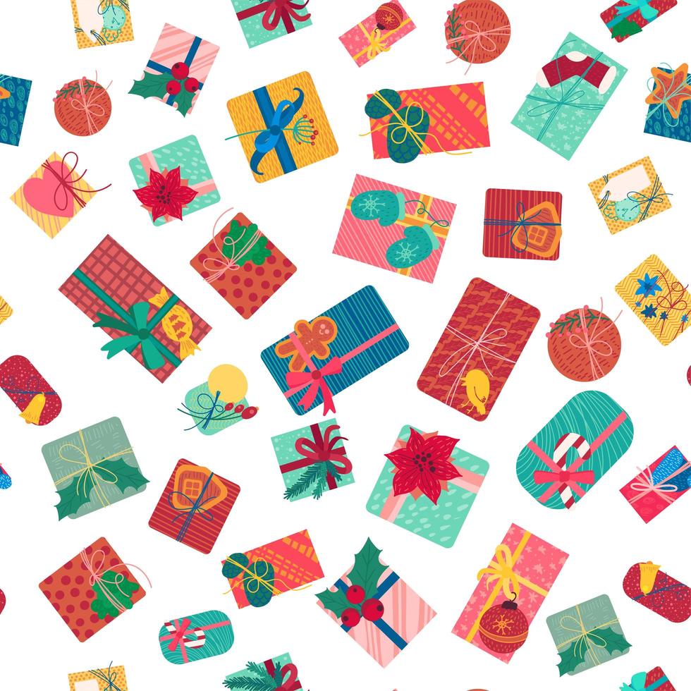 Cajas de regalo de Navidad con cintas de patrones sin fisuras vector