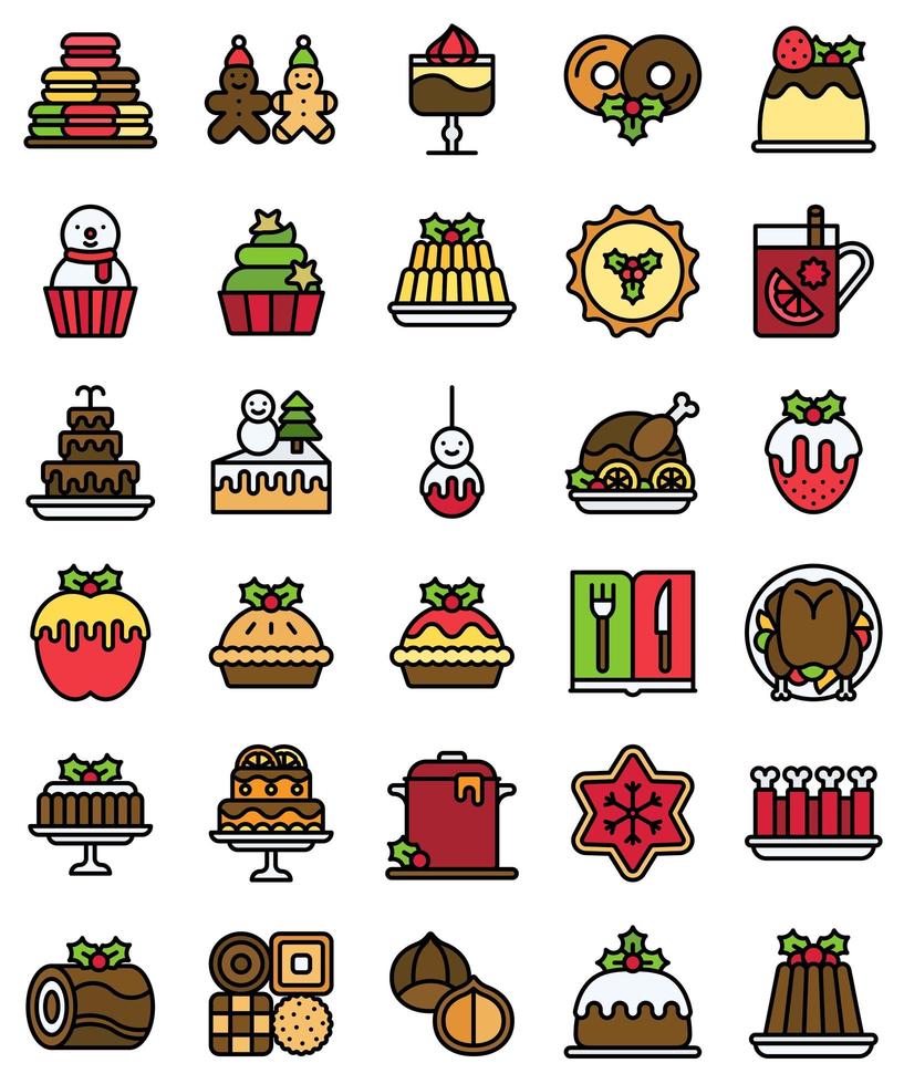 Conjunto de iconos llenos de comida y bebida navideña vector