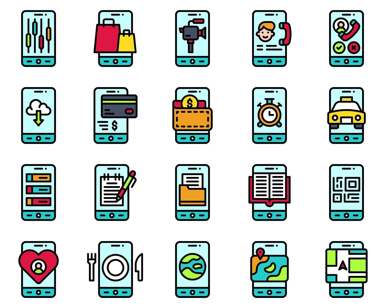 conjunto de iconos vectoriales de aplicaciones móviles, orzuelo lleno vector