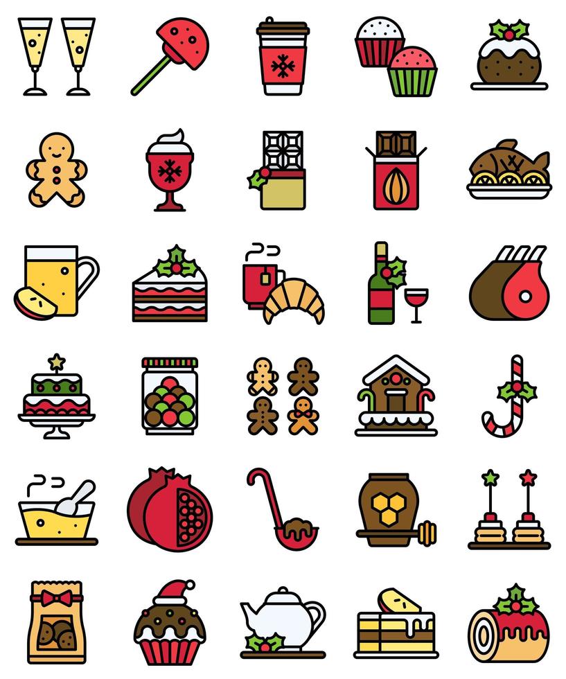 Conjunto de iconos llenos de comida y bebida navideña vector