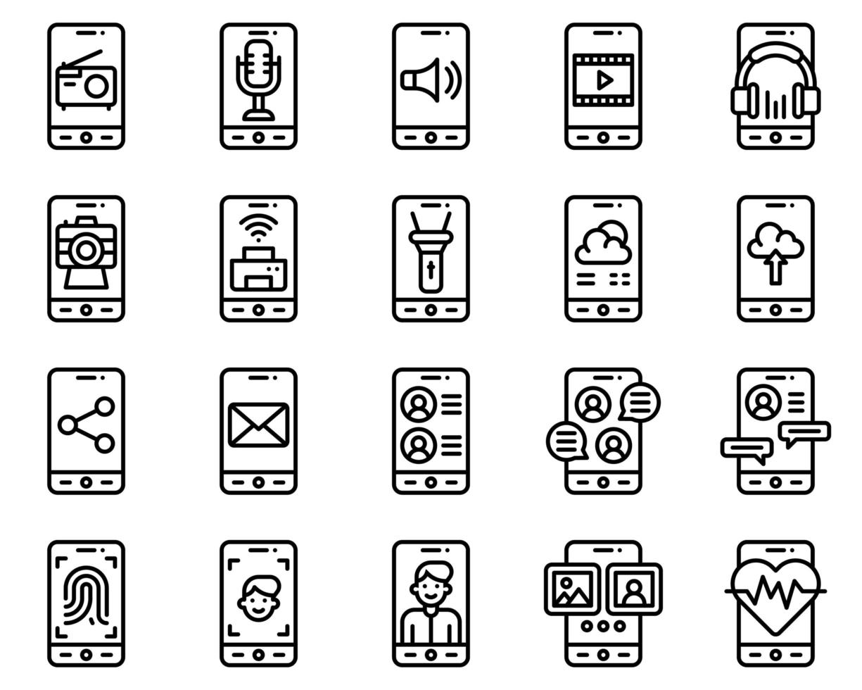conjunto de iconos vectoriales de aplicaciones móviles, orzuelo de línea vector