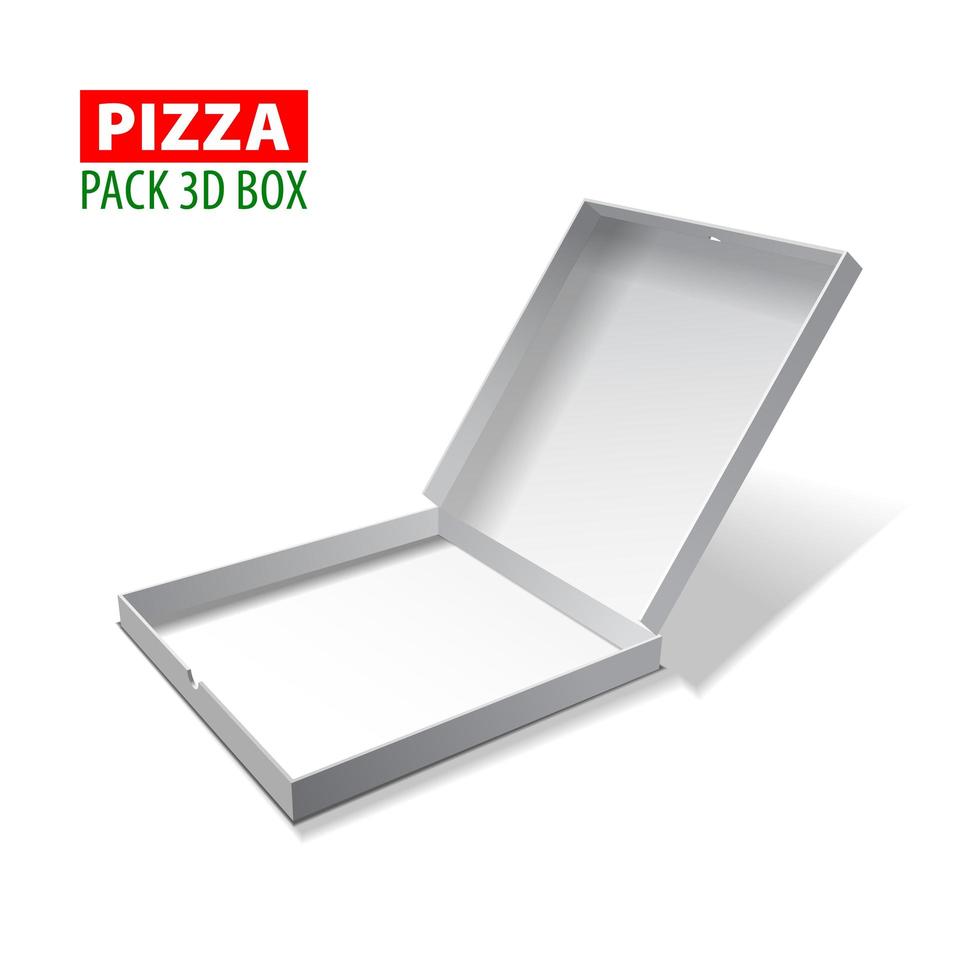 Caja 3d de cartón blanco para pizza, ilustración vectorial aislado en blanco vector