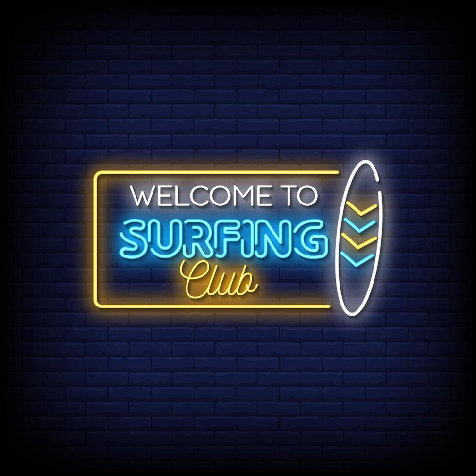 bienvenido al club de surf letreros de neón estilo texto vector