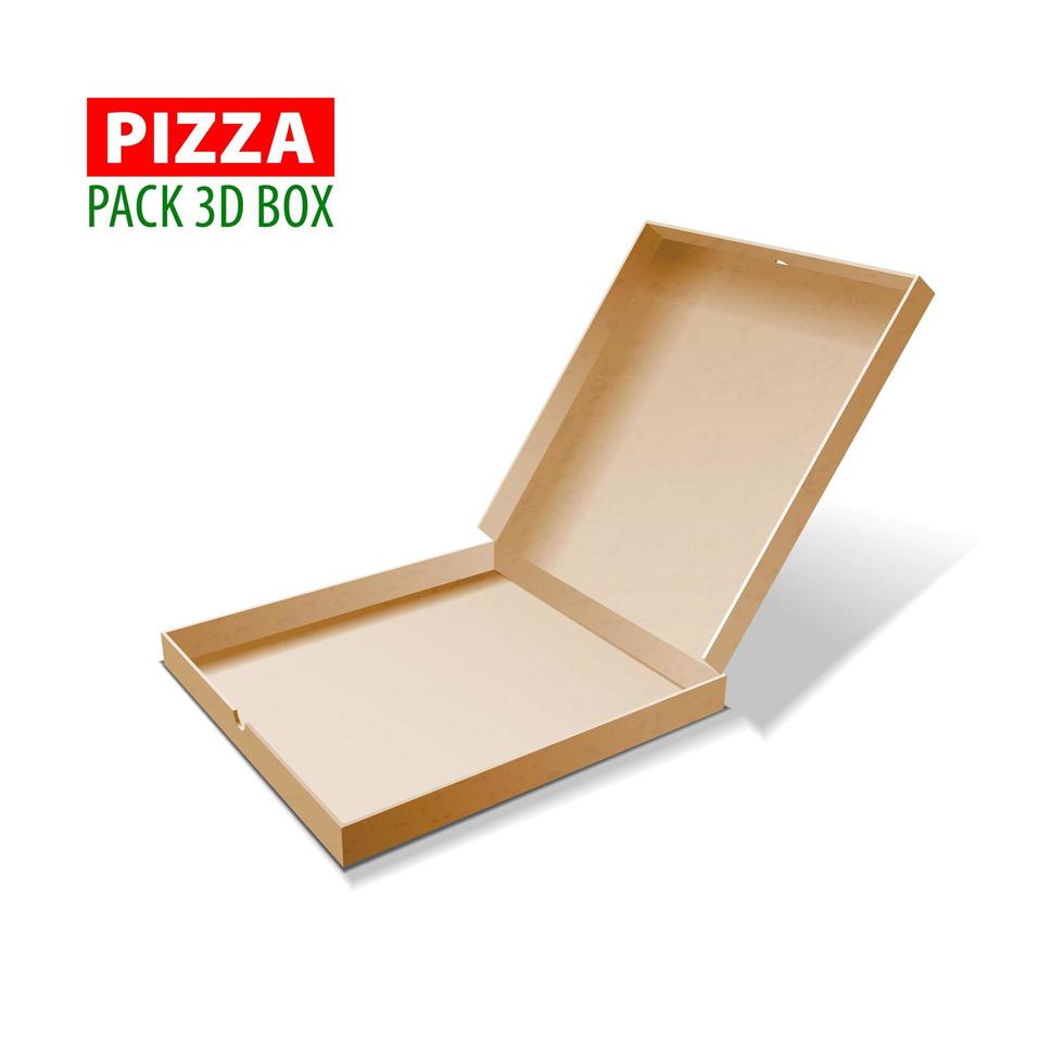 Cardboard 3d box for pizza, vector illustration isolated on white