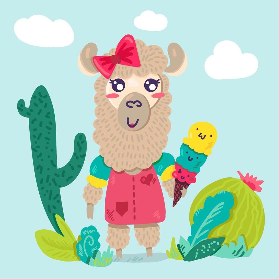 Cute llama girl cartoon character vector