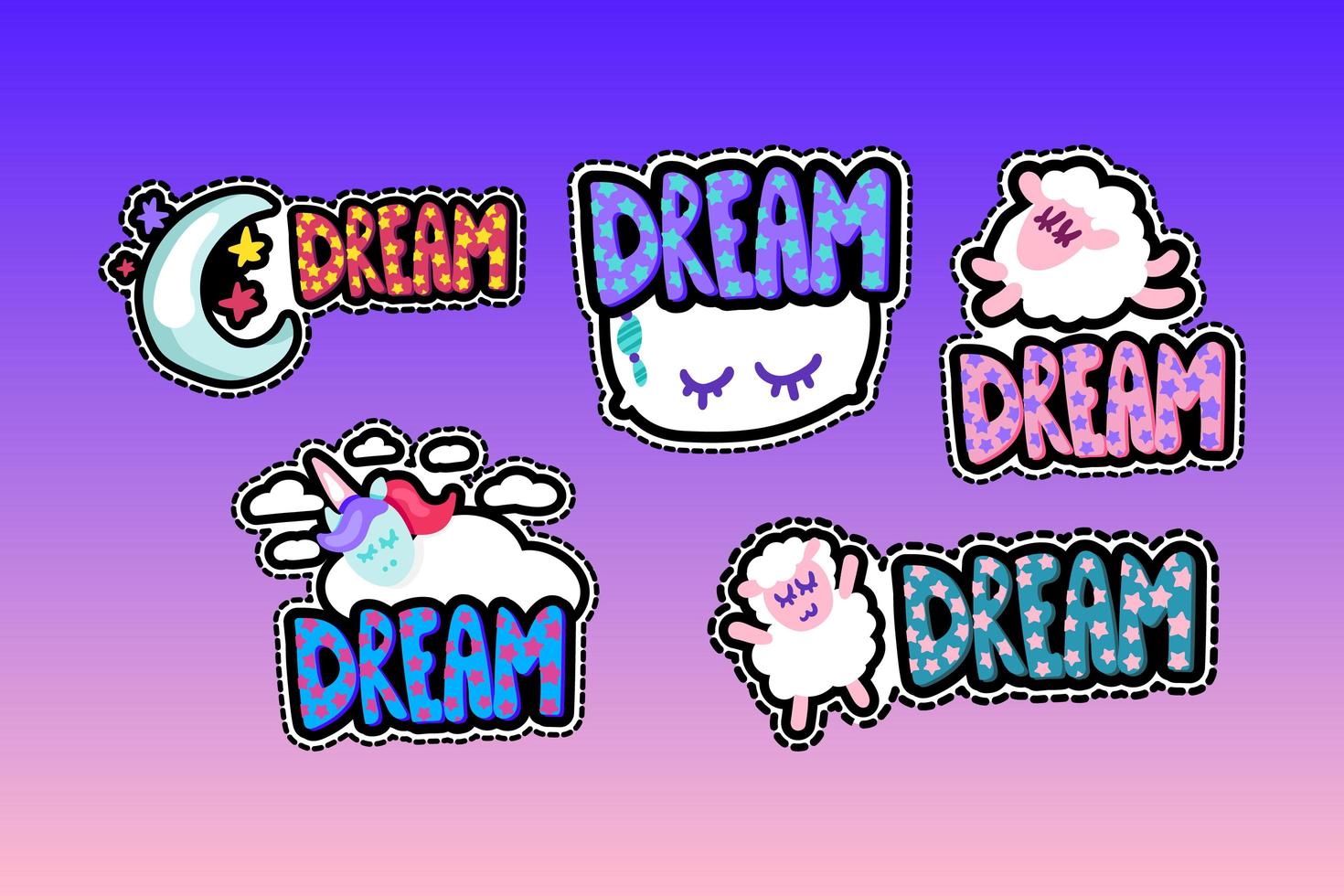 Dream lettering stitched frame illustrations set vector