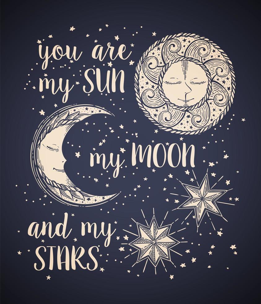 Hand drawn Sun, Moon and Stars in vintage style 1933546 Vector Art at ...