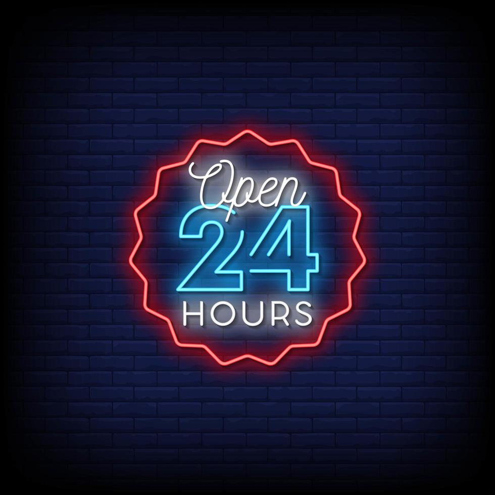 Open 24 Hours Neon Signs Style Text Vector