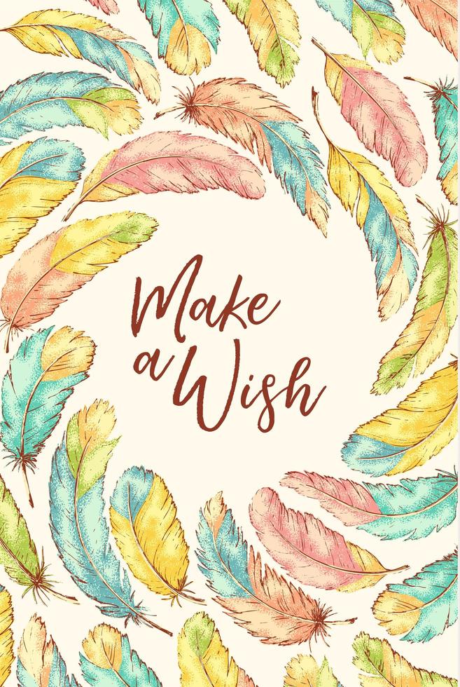 Hand drawn grainy texture feathers and make a wish text vector