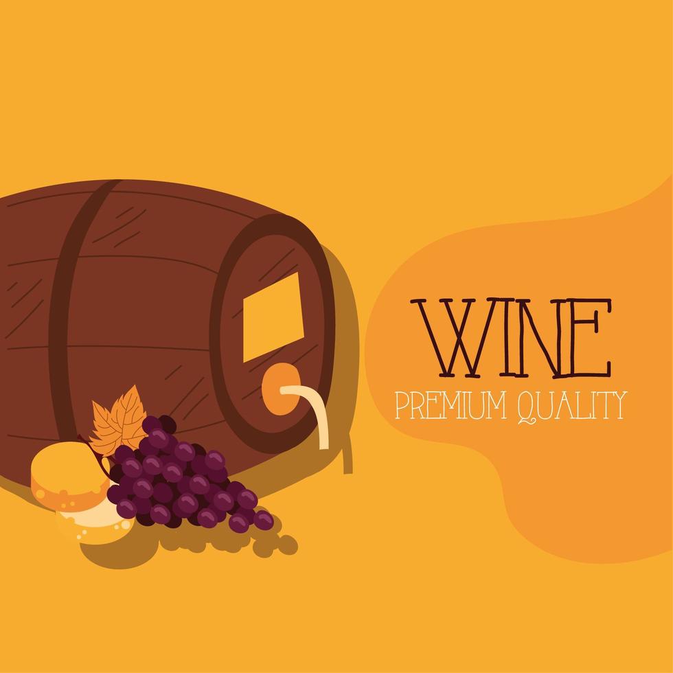 Cartel de vino de primera calidad con barril y uvas. vector