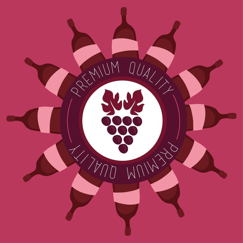 Cartel de vino de primera calidad con botellas y uvas. vector