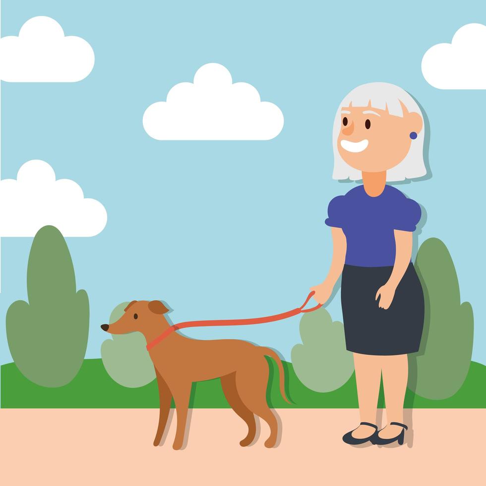 old woman walking the dog, active senior character vector