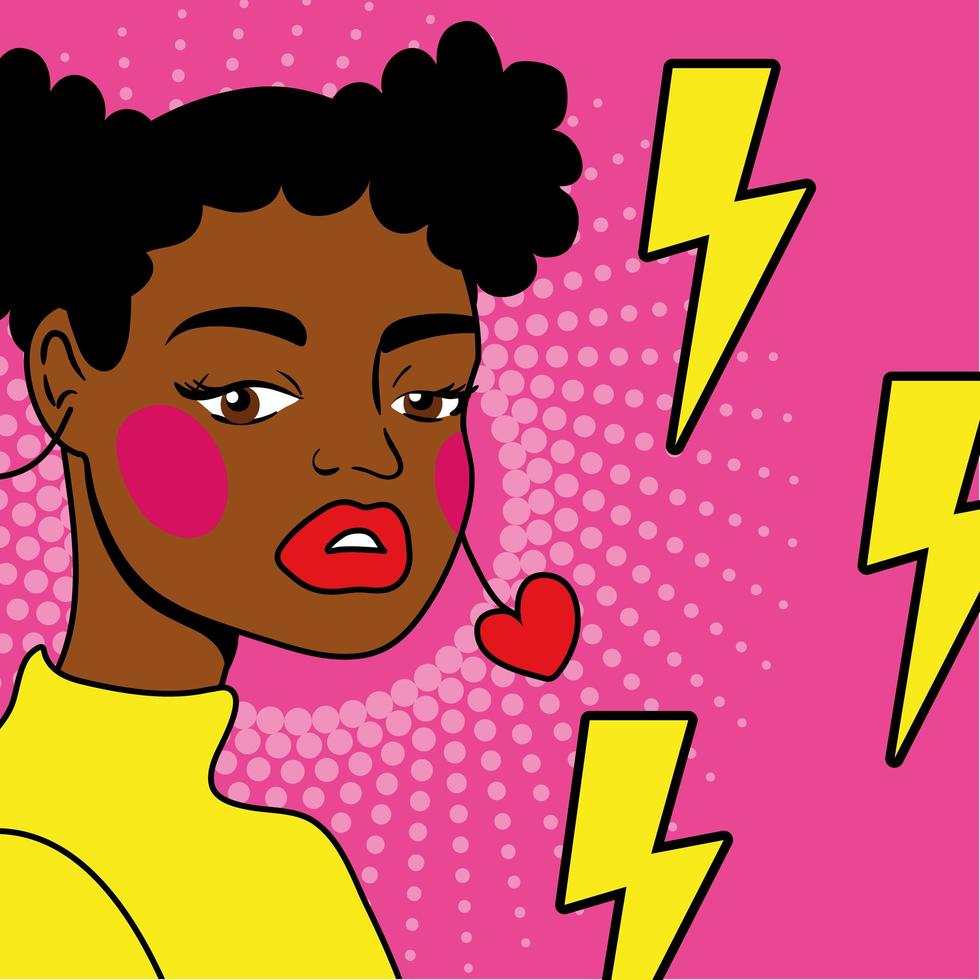 joven mujer afro con estilo pop art power ray vector