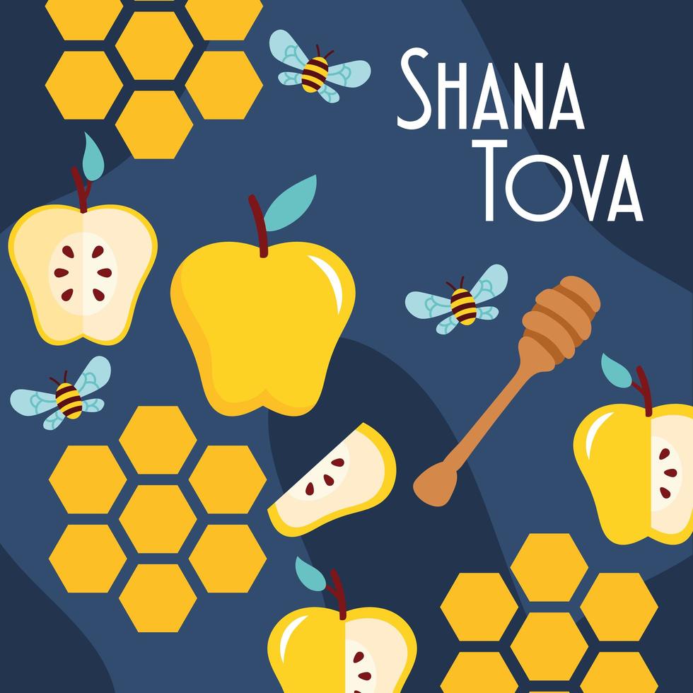 shana tova lettering with apples and bees pattern vector