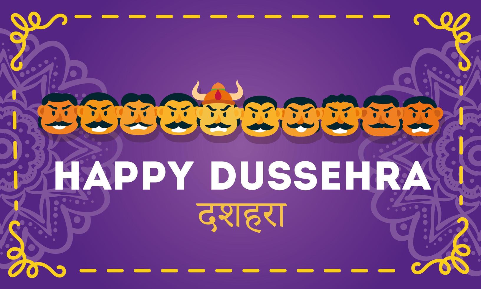 happy dussehra celebration lettering with demon ravana of ten heads vector