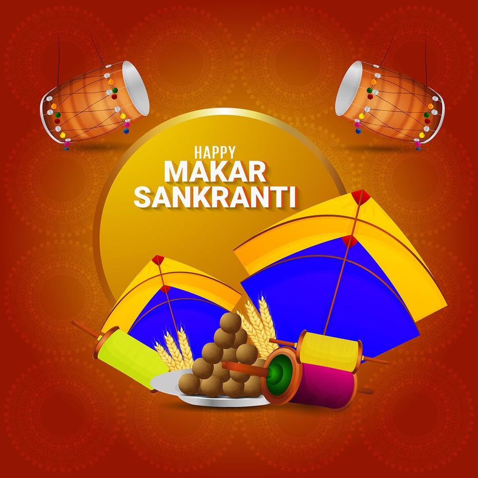 Makar sankranti indian festival with creative drum vector