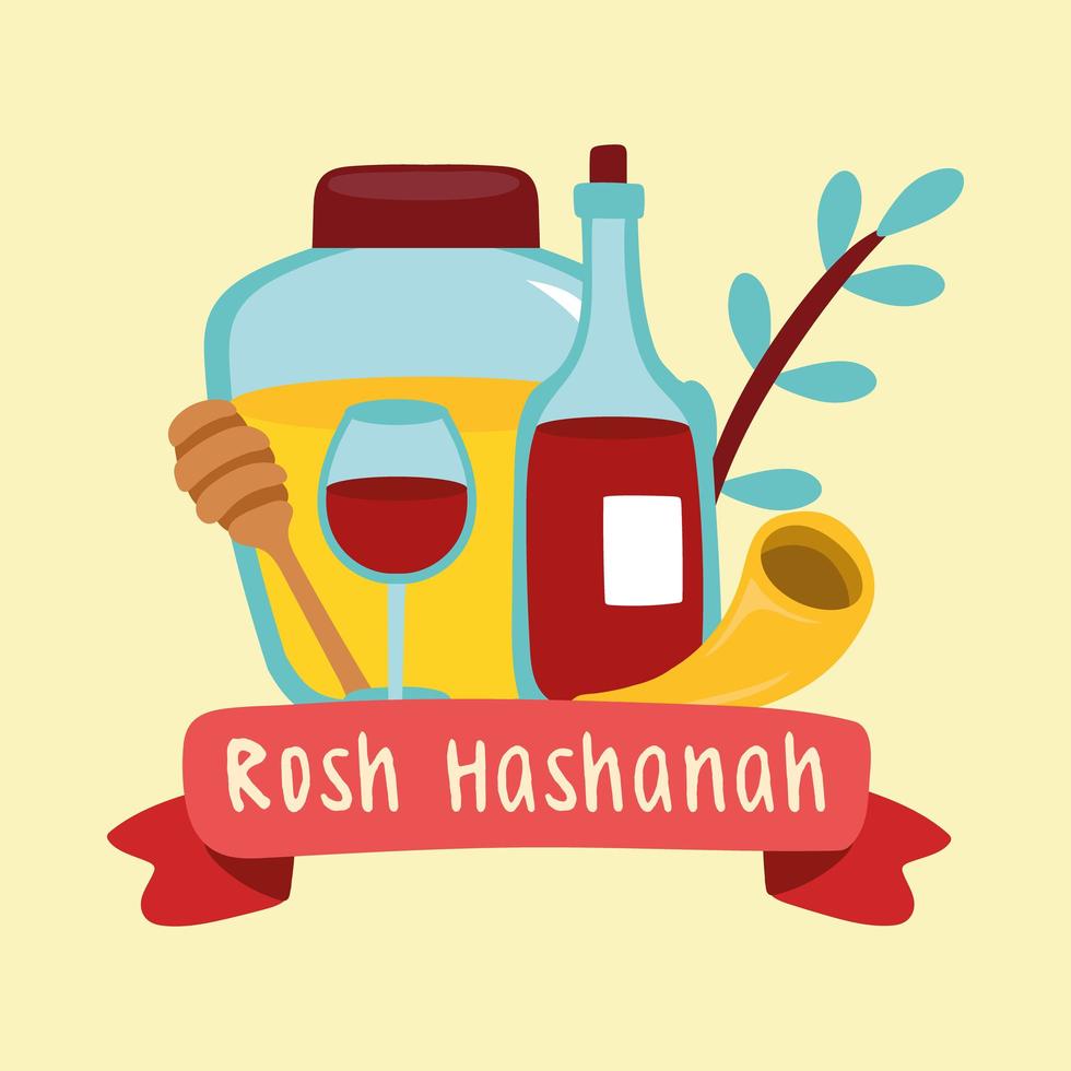 happy rosh hashanah lettering with honey and wine vector