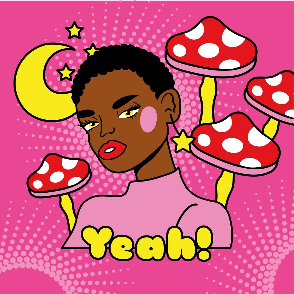 young afro woman with fungus pop art style vector