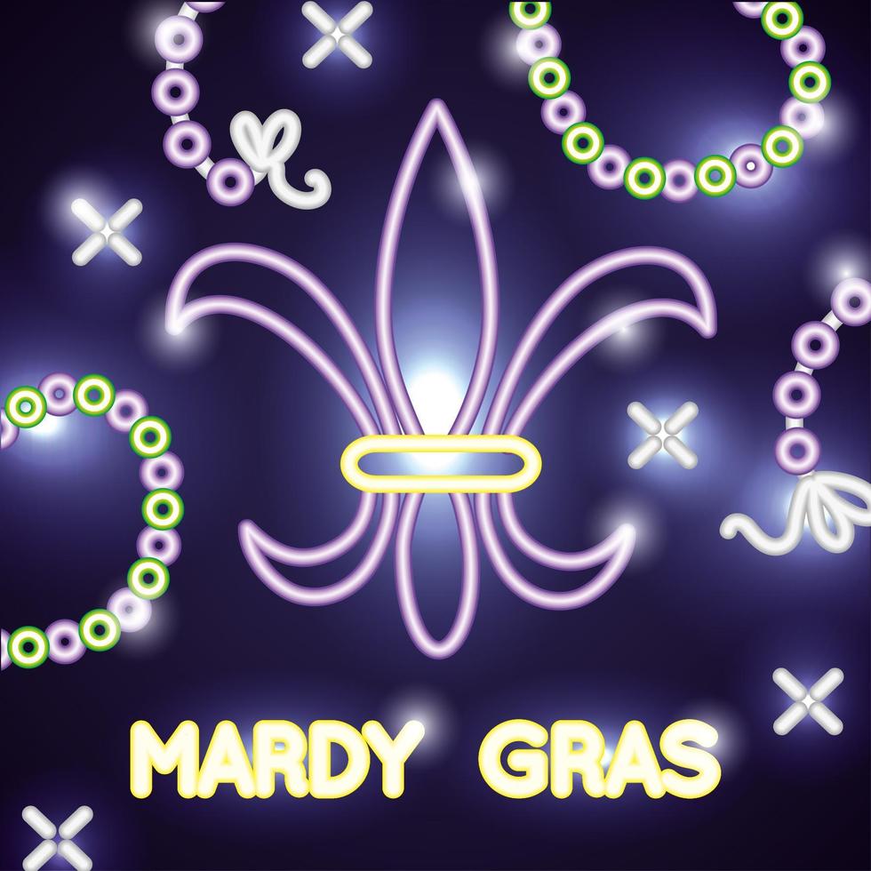 banner de celebración de mardi grass con luces de neón y flor de lis vector