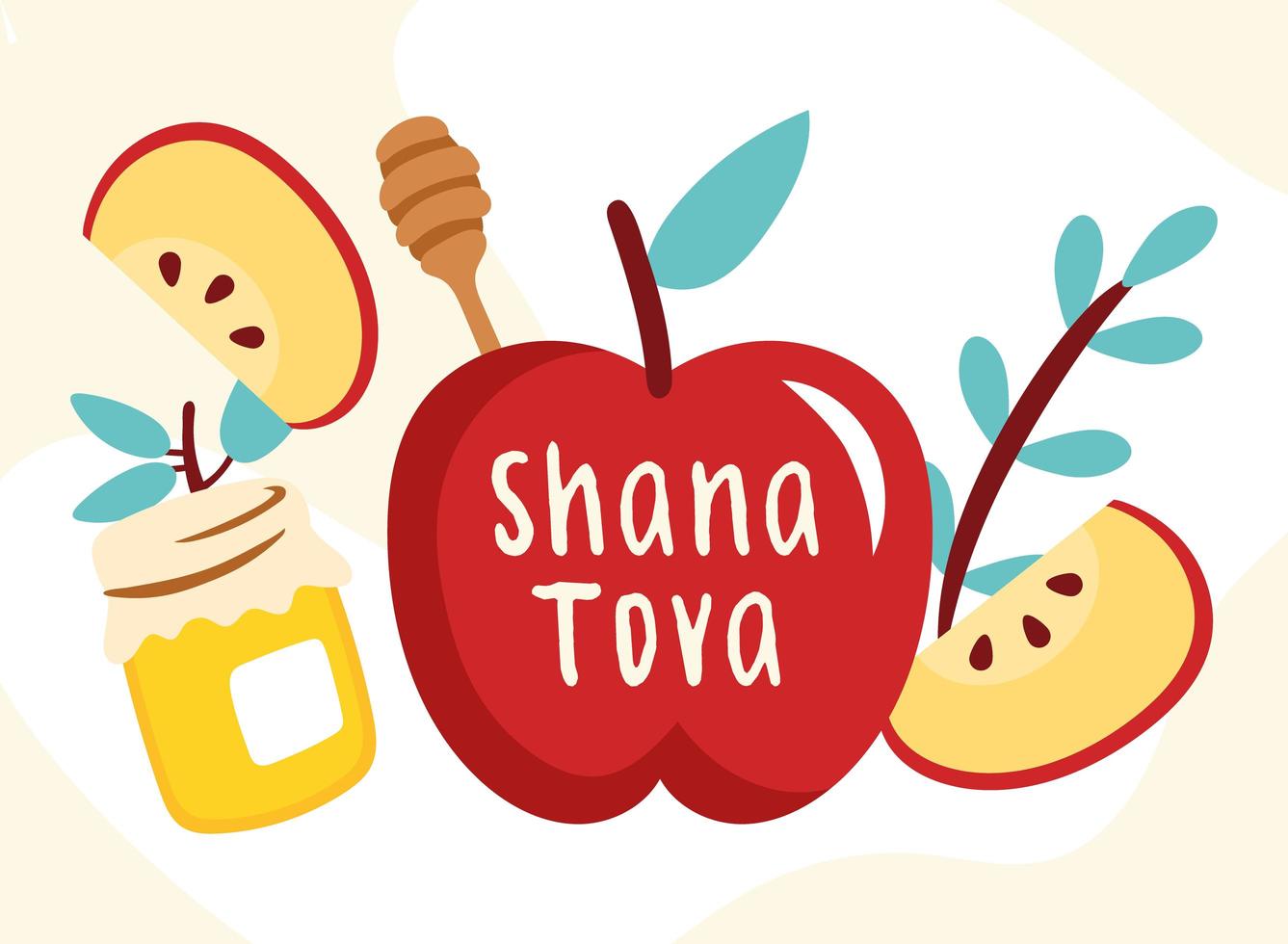 Letras de shana tova con manzanas, frutas frescas y miel vector