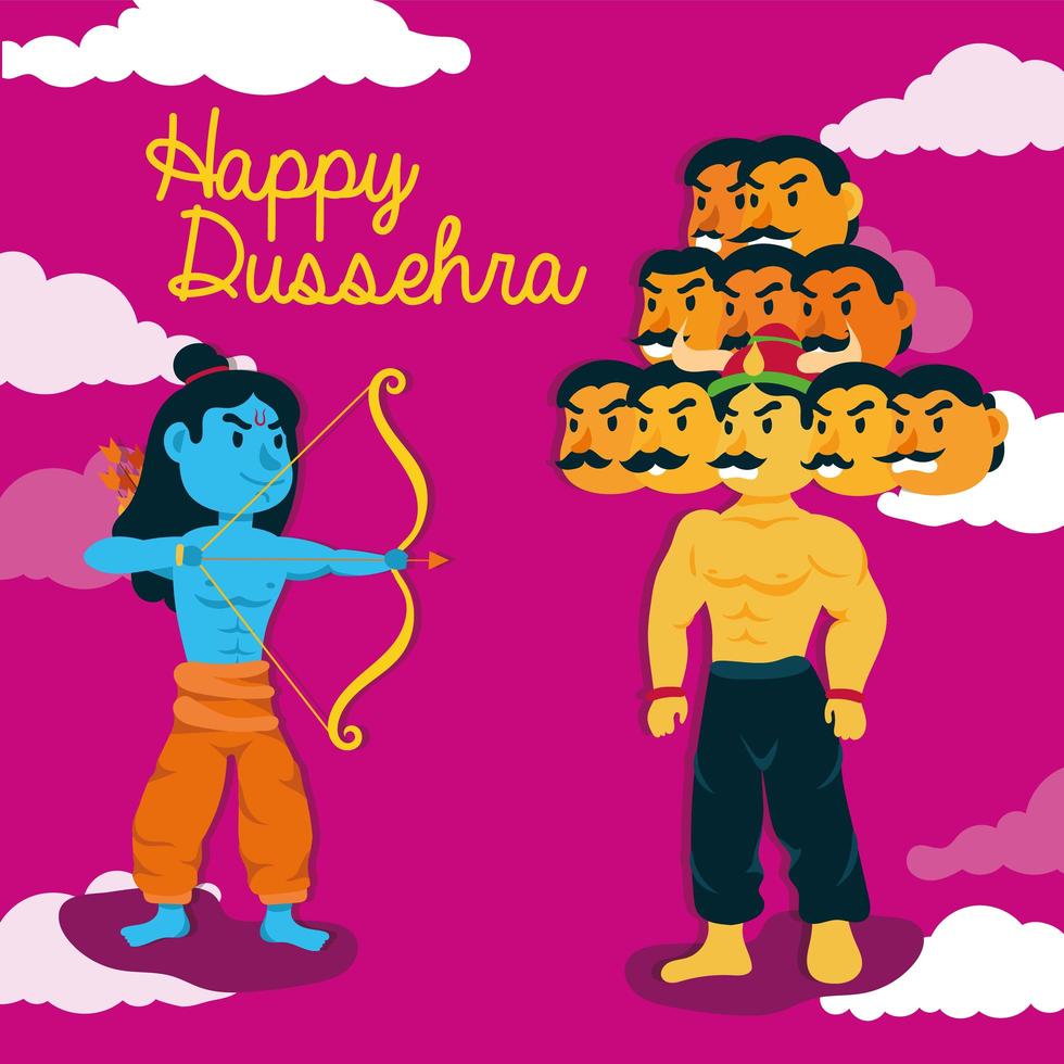 happy dussehra lettering with lord rama and ravana demon vector