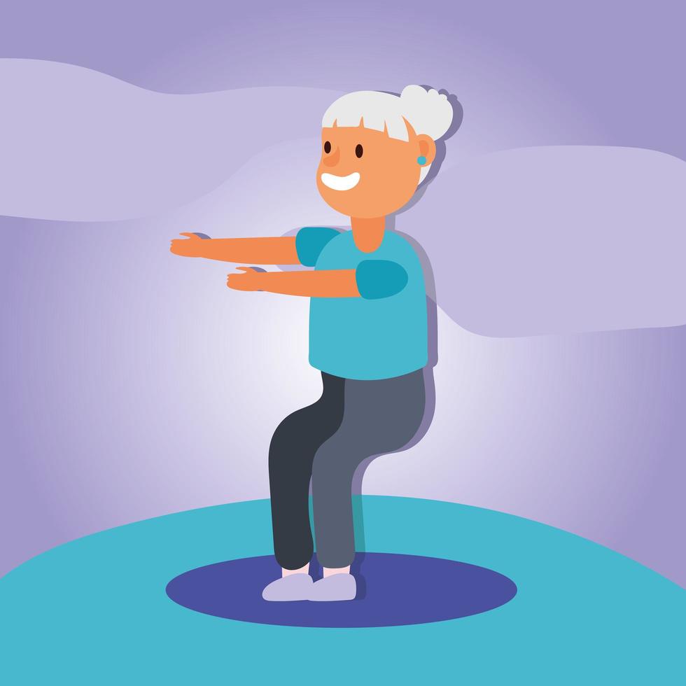 old woman practicing exercise, active senior character vector