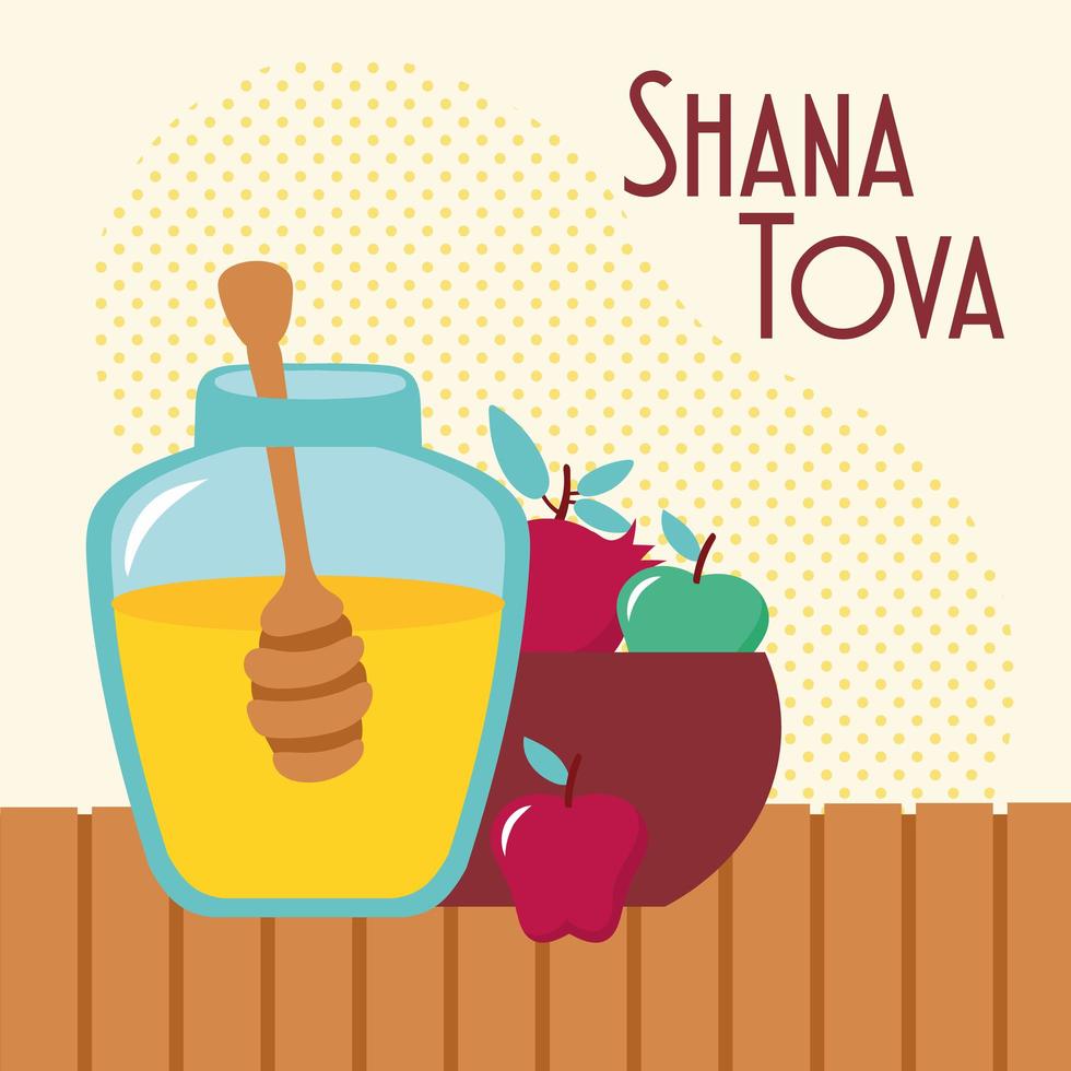 shana tova lettering with honey sweet pot and fruits in bowl vector