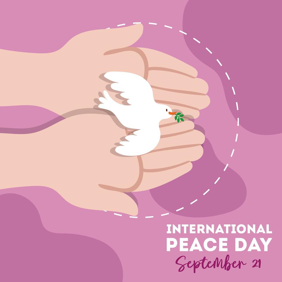 International Day of Peace lettering with hands lifting a dove vector