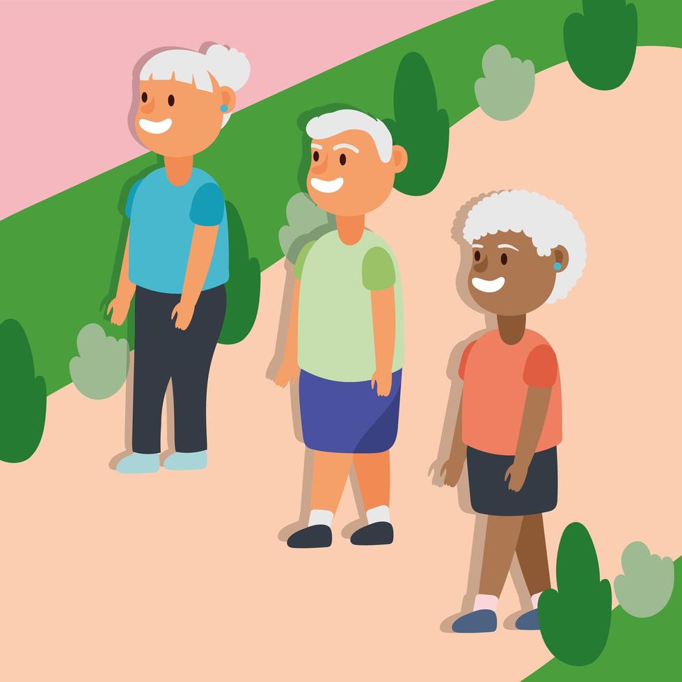 interracial old people walking outdoors, active seniors characters vector