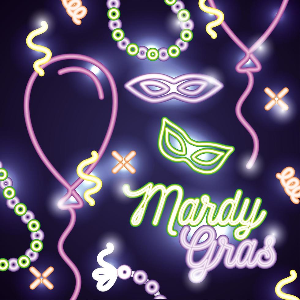 Mardi Grass celebration poster with neon lights and masks vector