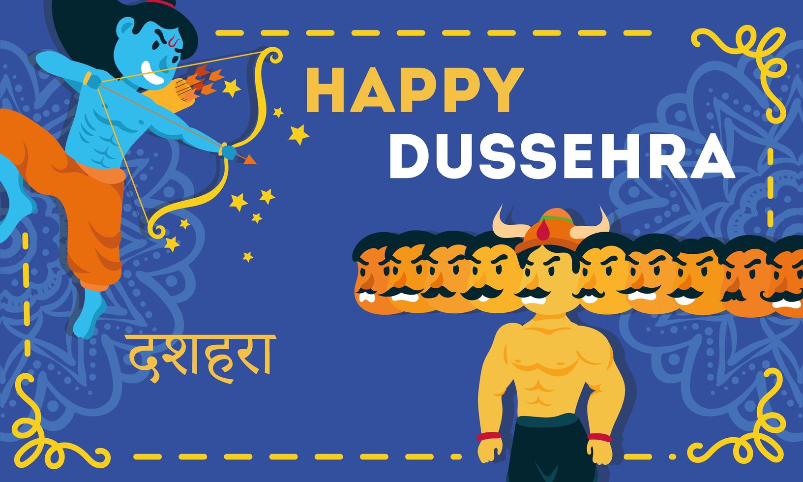 happy dussehra celebration lettering with lord rama and ravana demon vector