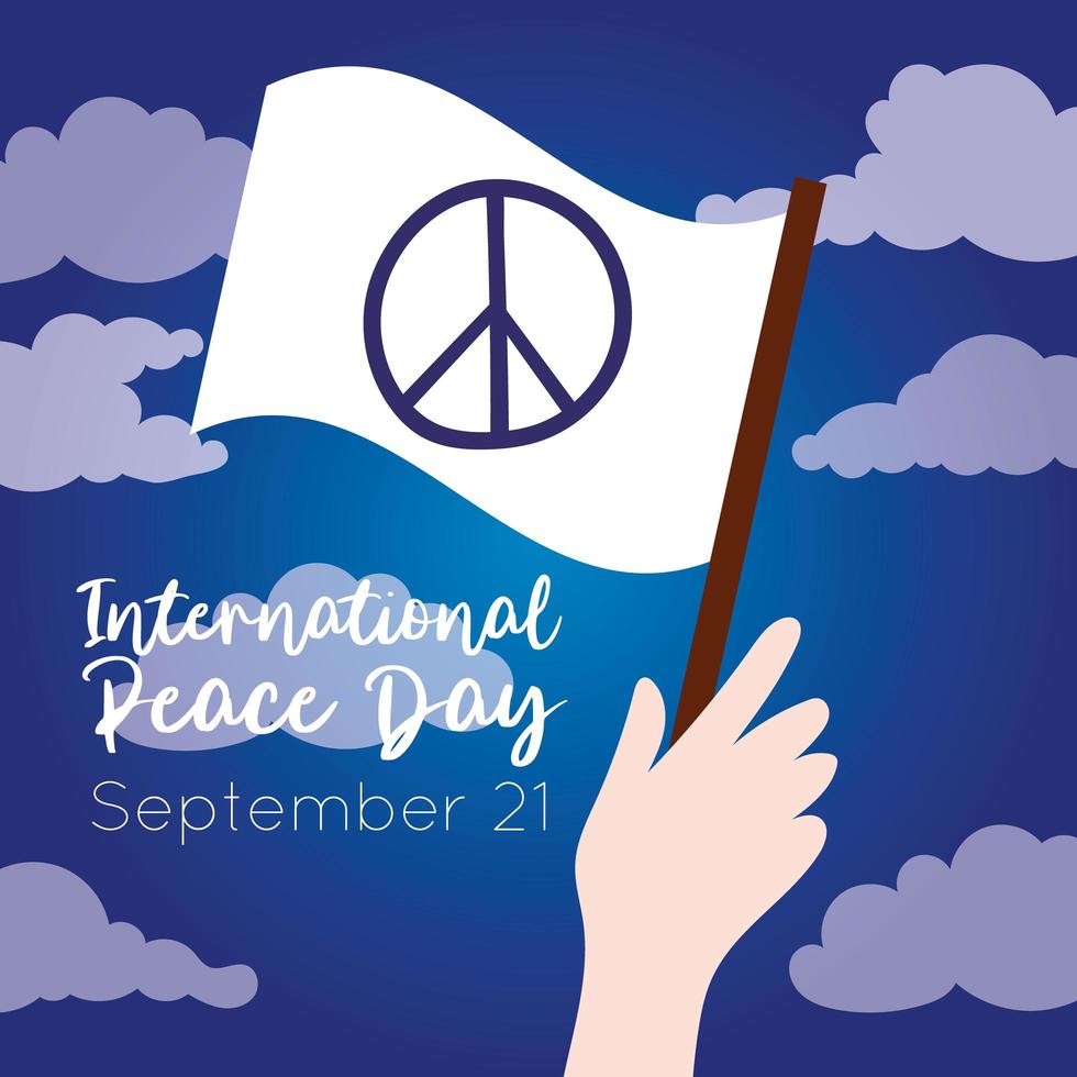 letras del día internacional de la paz con la mano ondeando la bandera blanca vector
