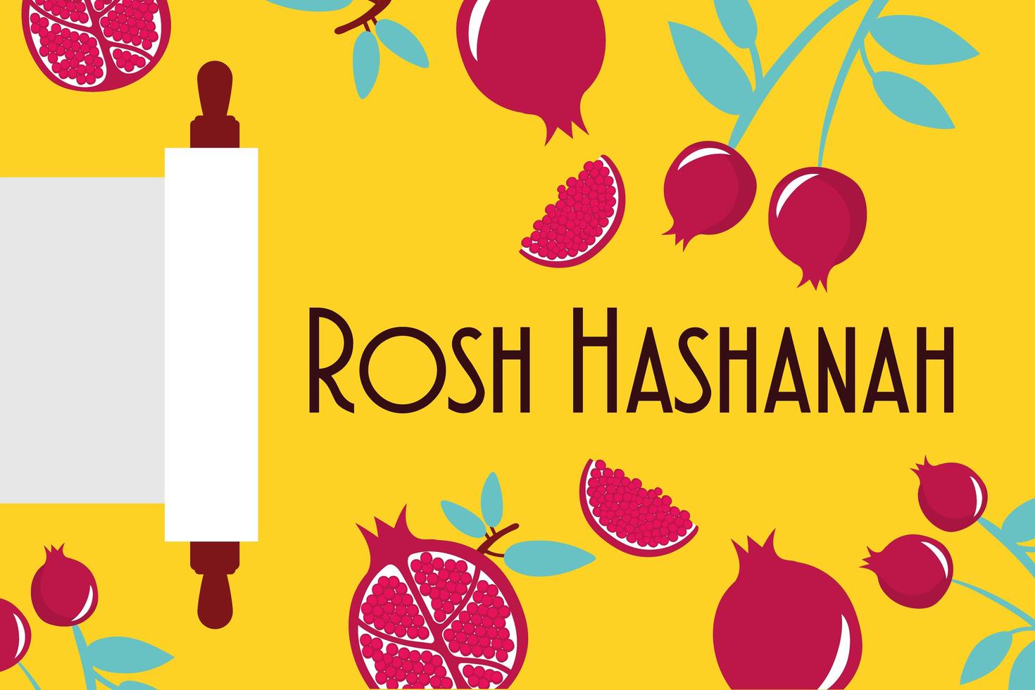 happy rosh hashanah celebration with pomegranates and parshment vector