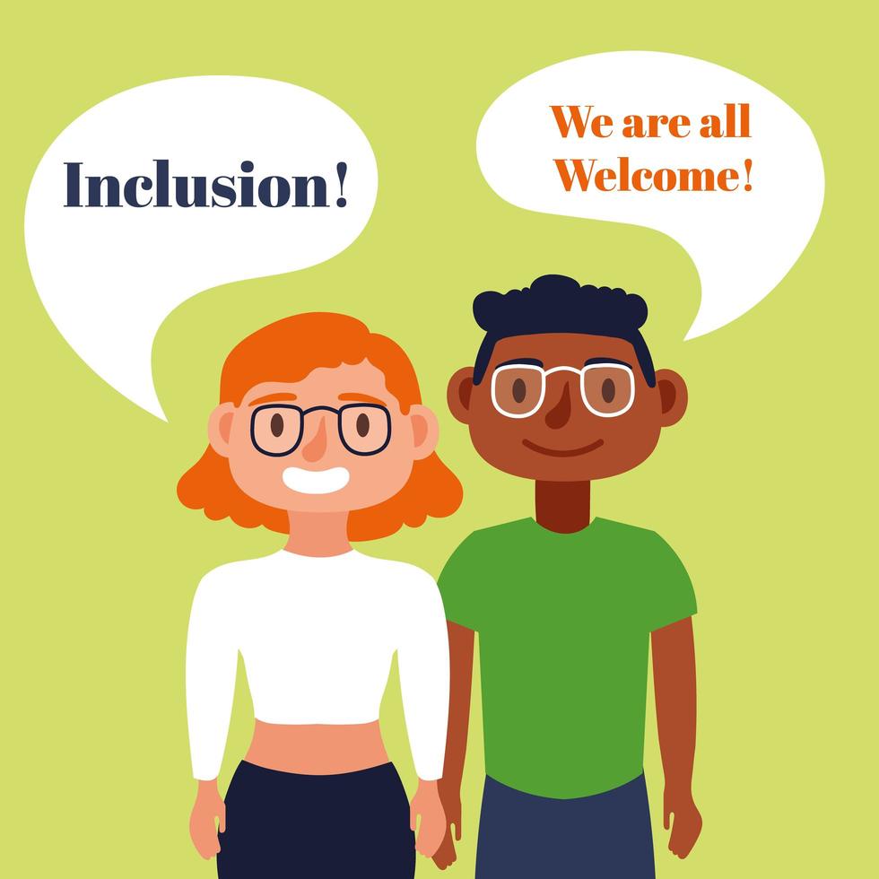 Inclusion concept lettering with interracial couple speaking vector